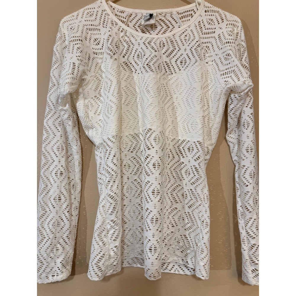 BECCA by Rebecca Virtue White Crochet Knit Long Sleeve Top Cover Up Small